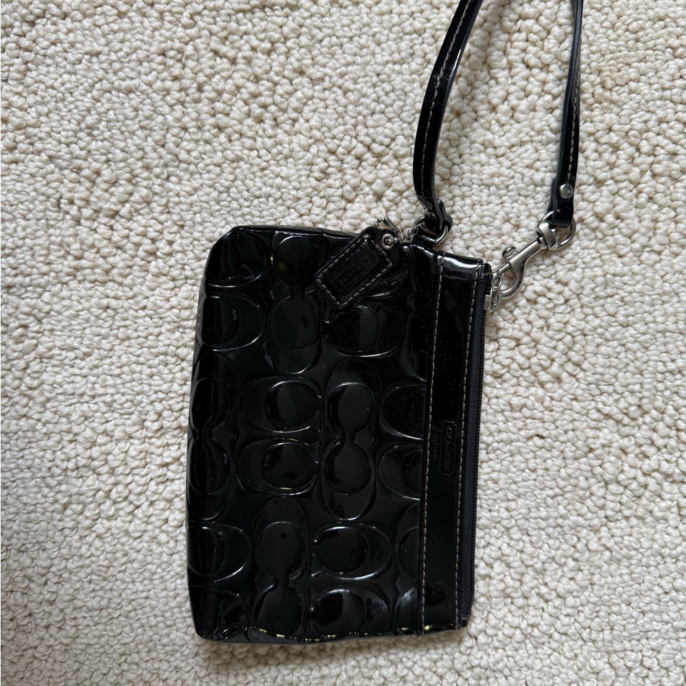 Coach Black Patent Logo Wristlet with Detachable Strap